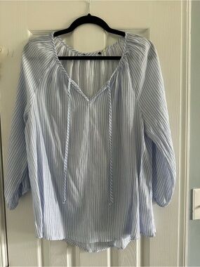 Light Blue Striped Tie-Neck Peasant Top